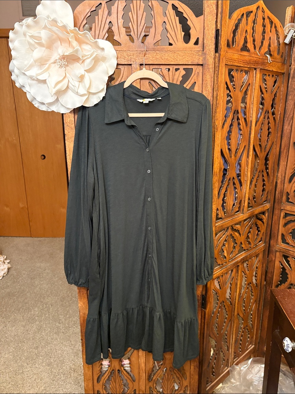 Boden Green Long-Sleeve Button-Front Ruffle-Hem Dress